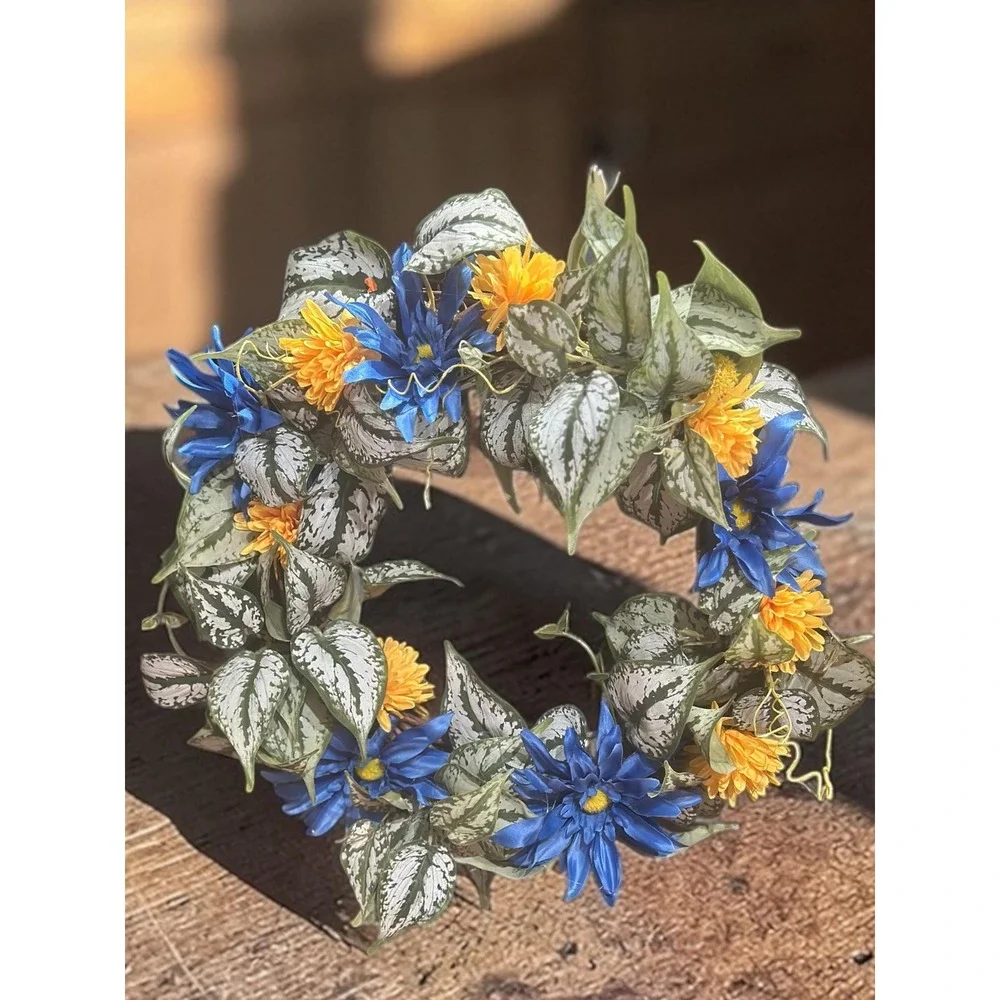 Colorful Spring Wreath; Faux Floral Door Accent; Blue and Yellow Wreath